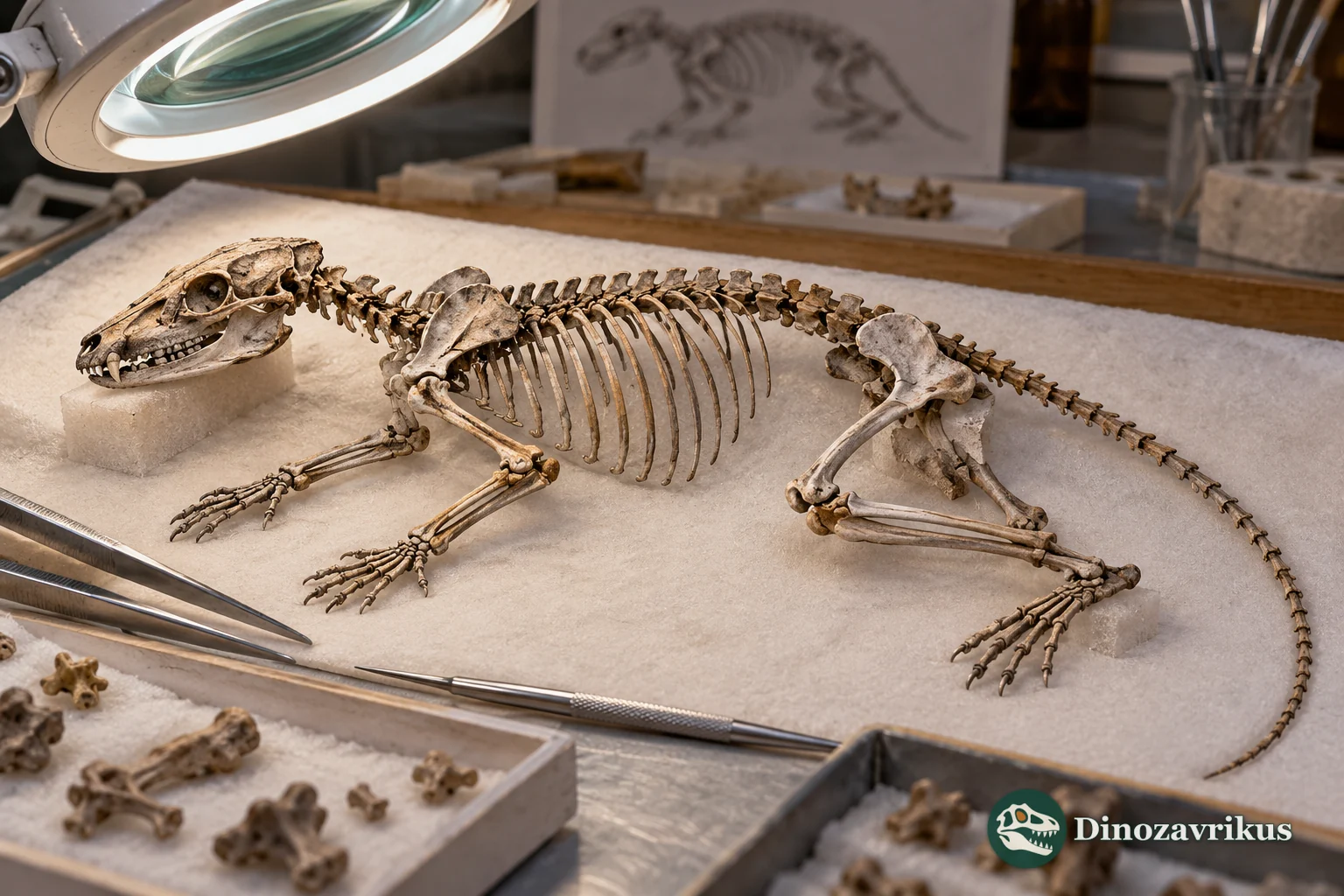 Editorial reconstruction of a small fossil mammal skeleton displayed in a research collection