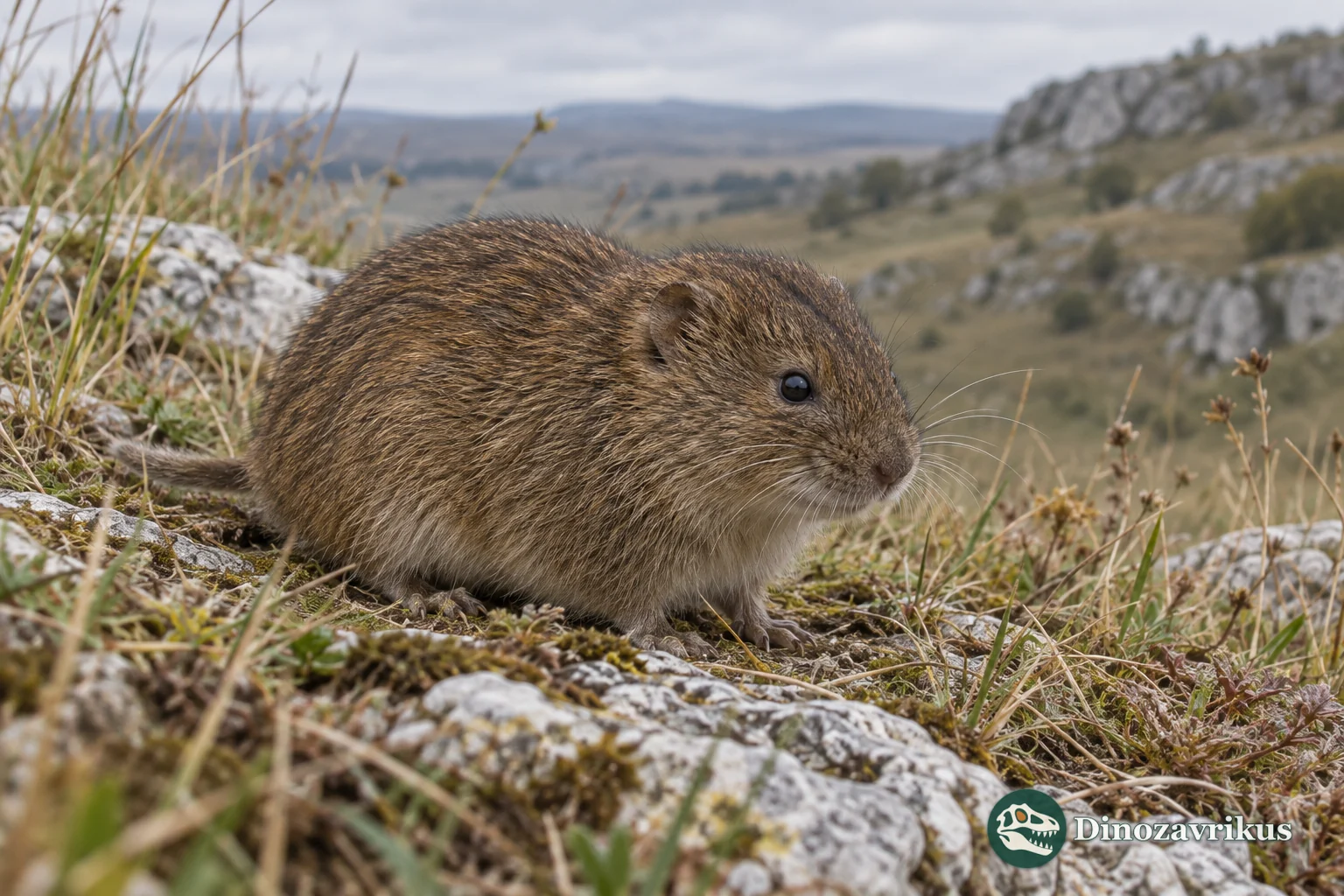 Artistic reconstruction of a small Lagurodon vole on an open Early Pleistocene landscape