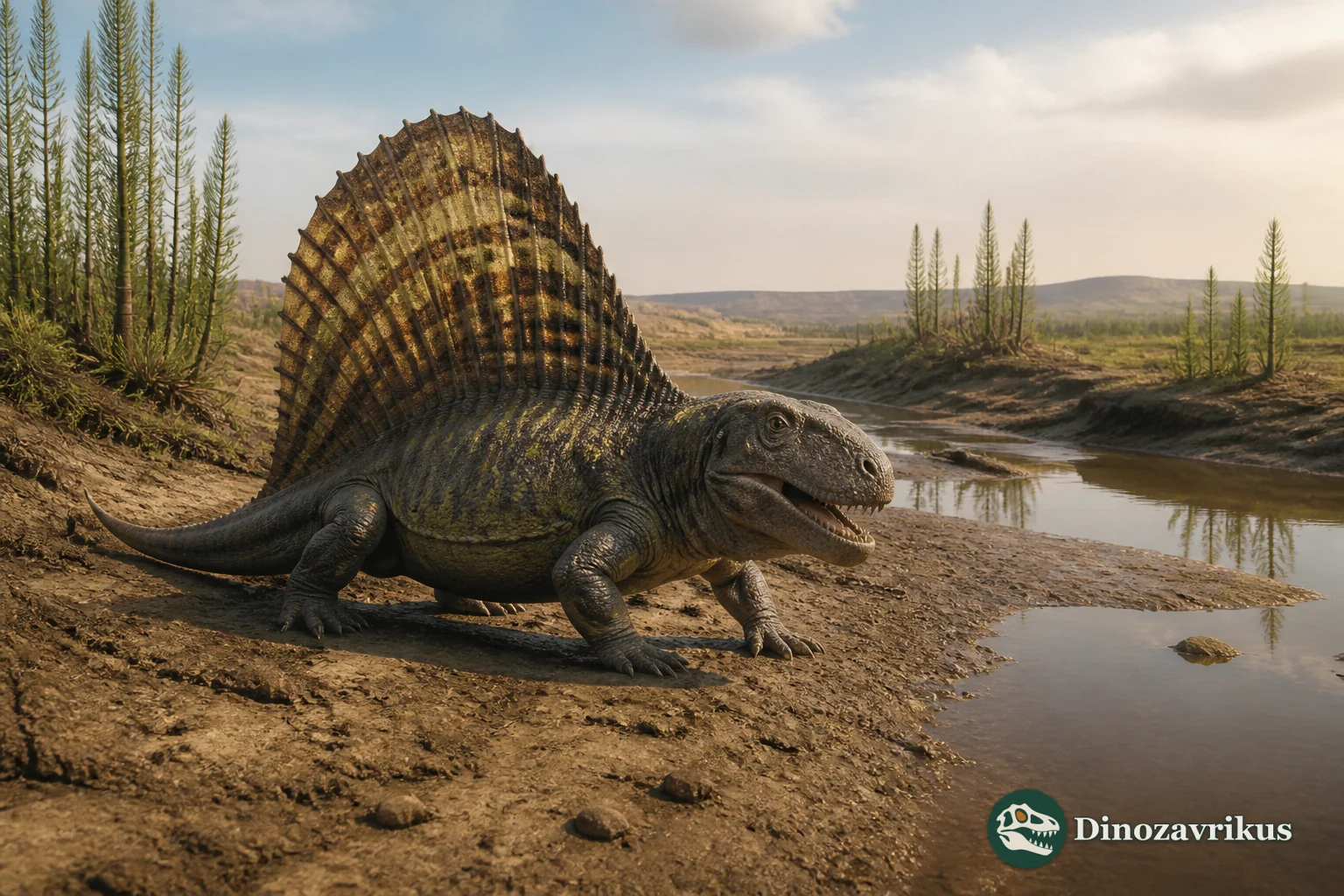 Dimetrodon reconstructed beside an Early Permian watercourse