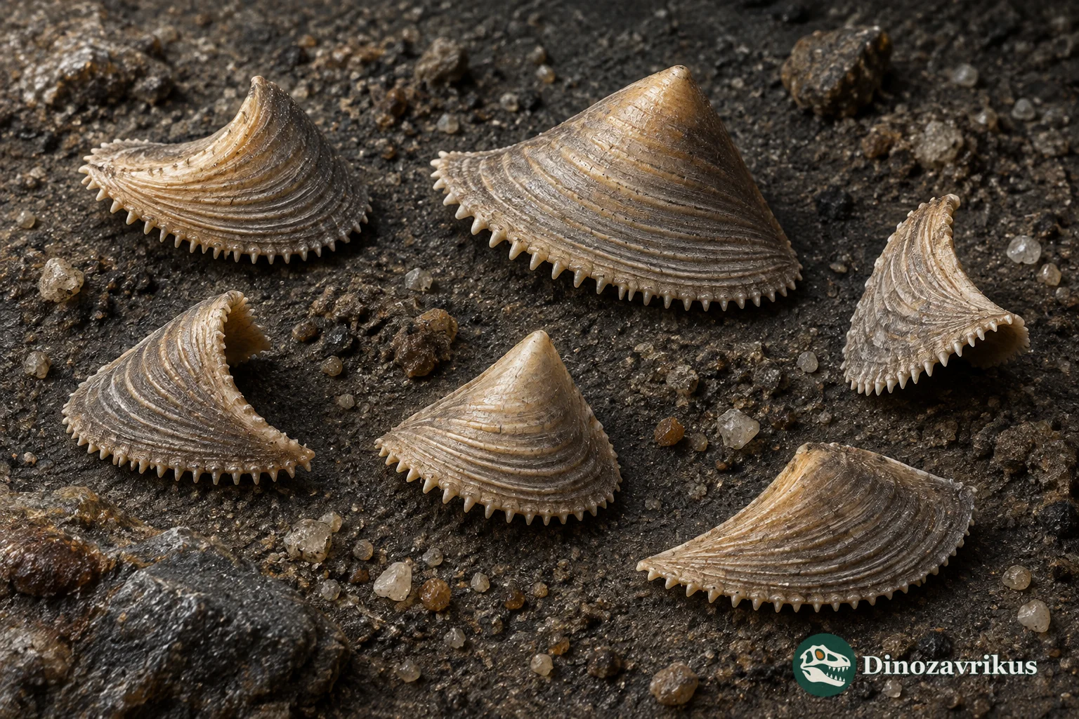 Several curved Lapworthella sclerites with ribbed surfaces and fine marginal denticles on Cambrian sediment