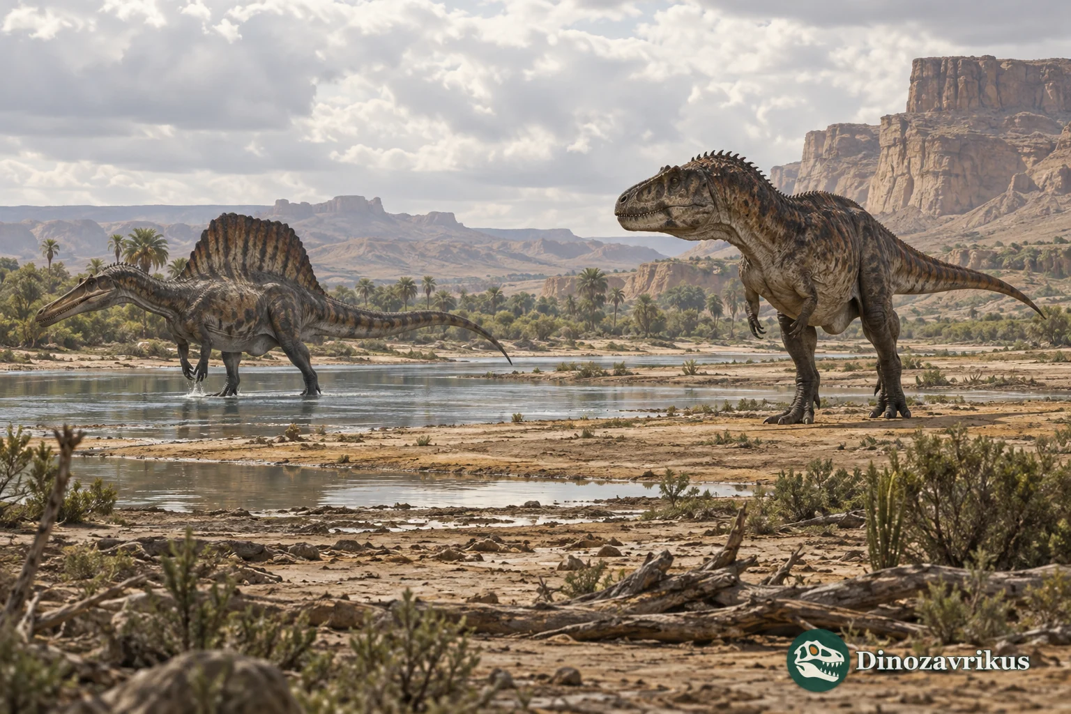 A long-snouted Spinosaurus and a robust theropod stand apart on a Cretaceous river plain