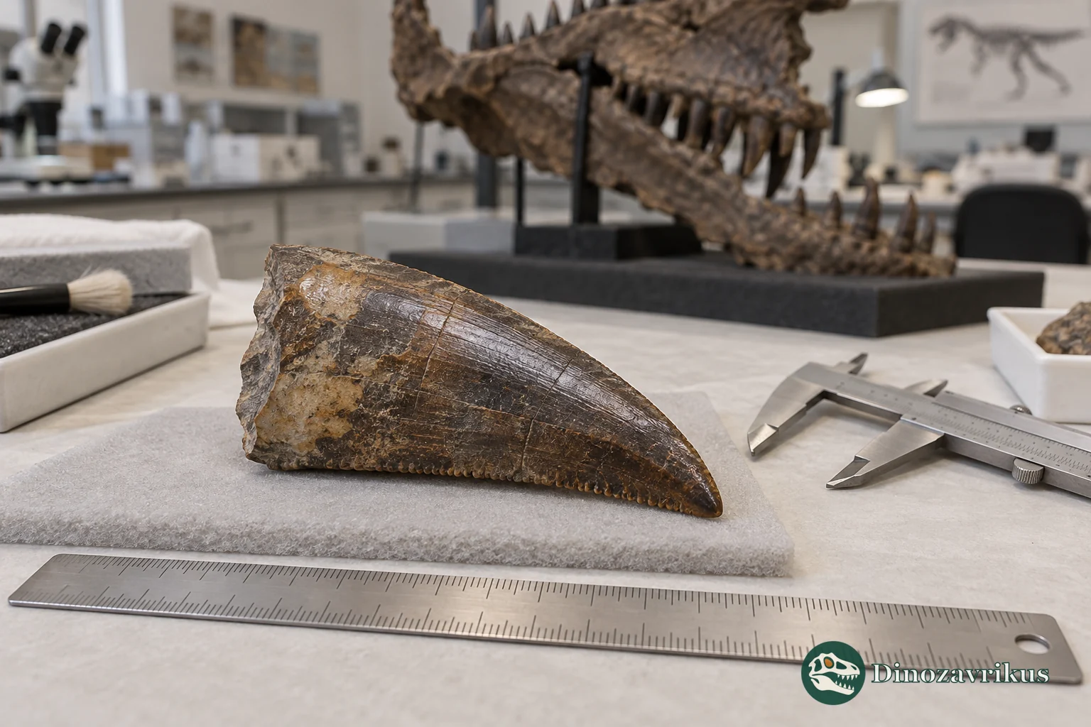 Illustrative isolated theropod tooth measured beside a ruler in a museum lab