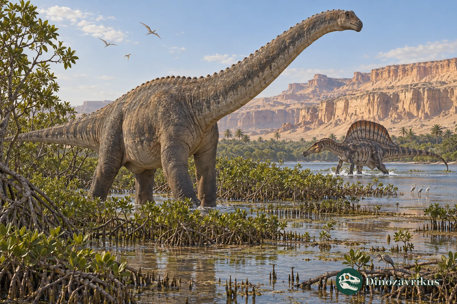 A giant titanosaur in a Cretaceous North African wetland with a spinosaurid in the distance