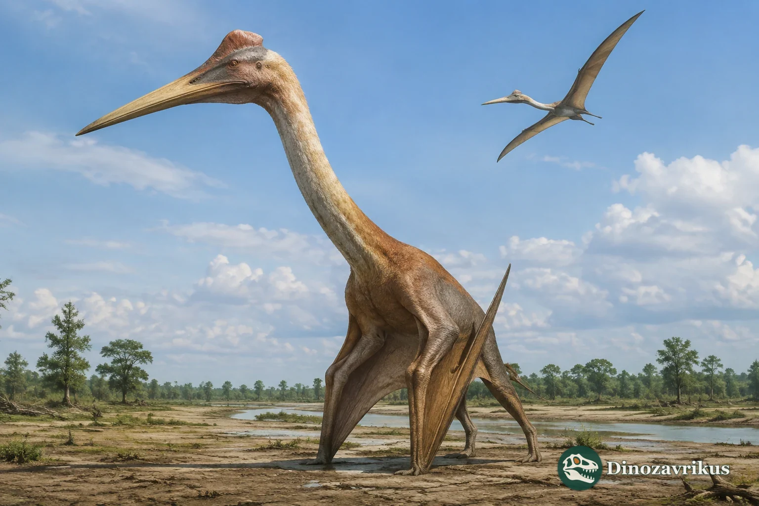 A giant azhdarchid pterosaur standing on a Cretaceous floodplain, with a smaller pterosaur in flight