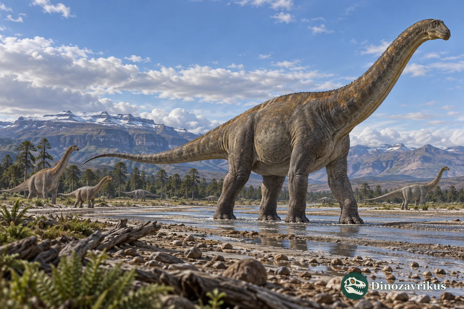 Giant sauropods cross a Patagonian river plain, with smaller members of the herd in the distance