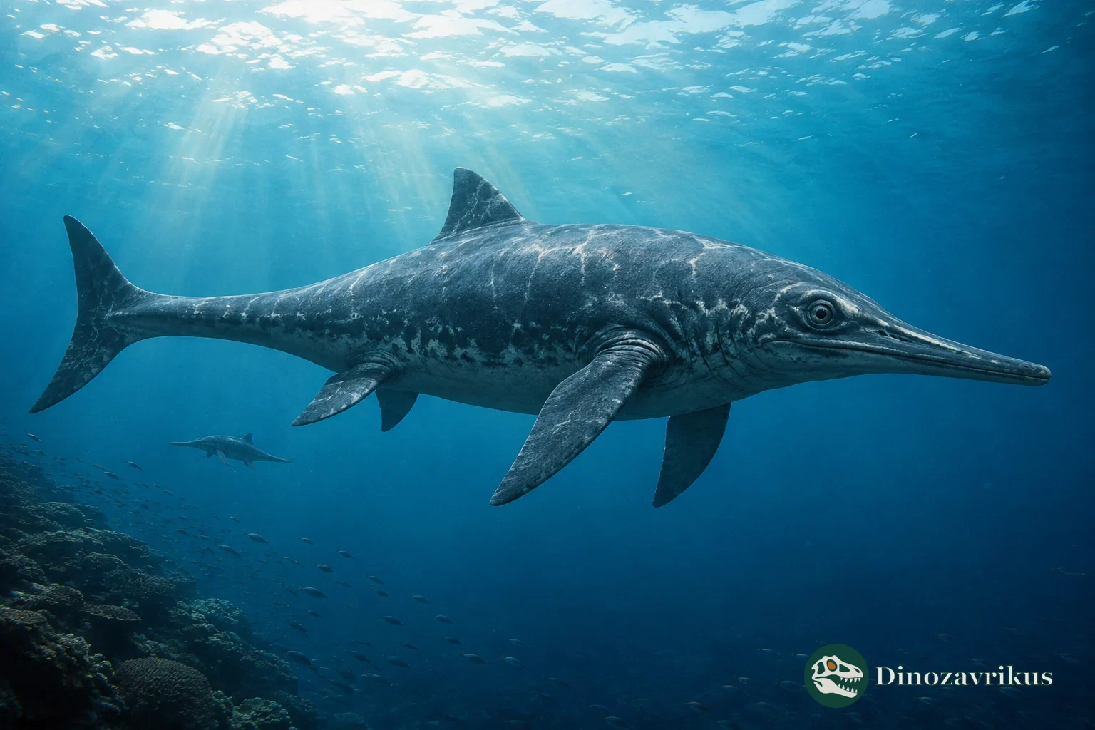 Illustrative giant ichthyosaur swimming underwater