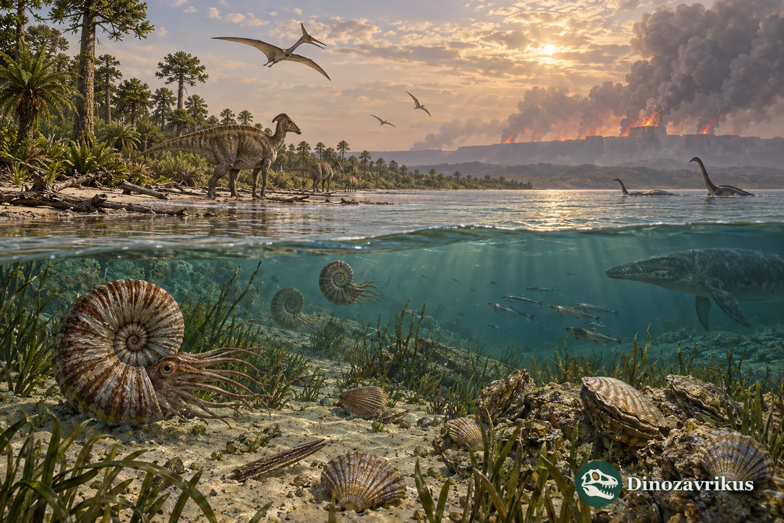 Late Cretaceous coastal sea and land beneath a hazy sky, with distant Deccan eruptions