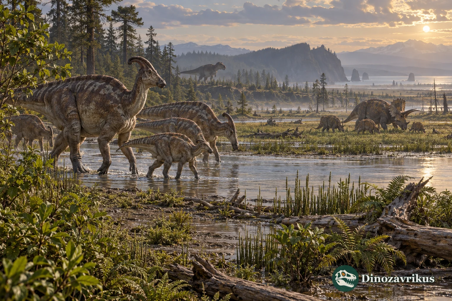 Late Cretaceous coastal plain with tyrannosaurids, hadrosaurs and flowering vegetation