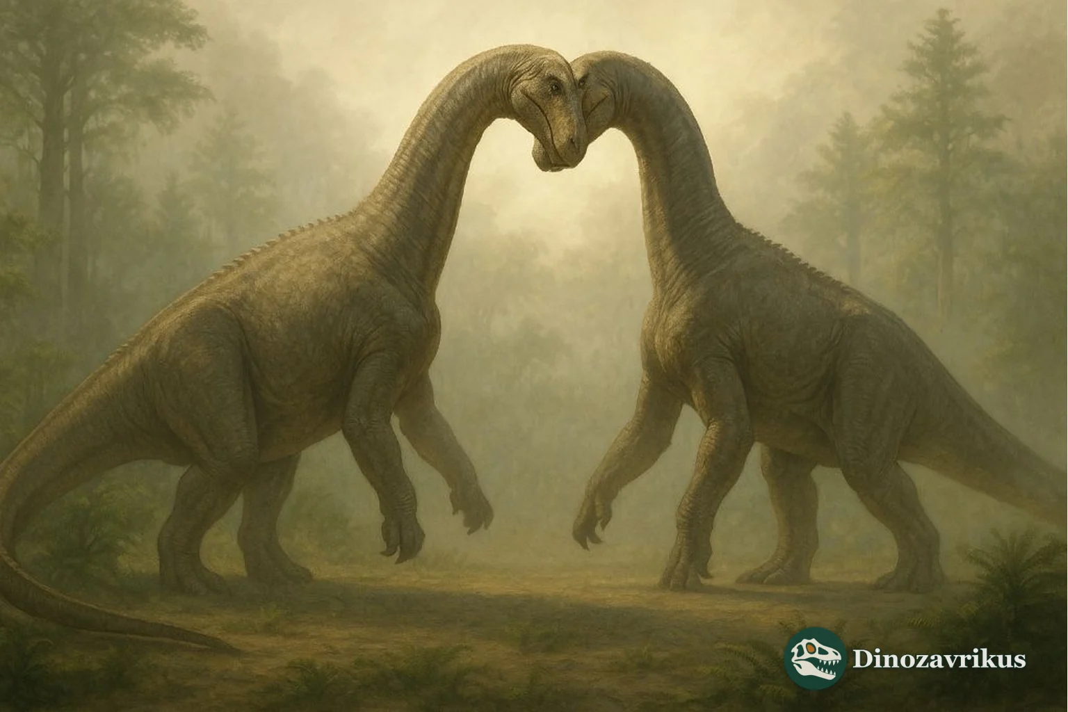 Two illustrative Late Cretaceous sauropods facing one another in a forest clearing