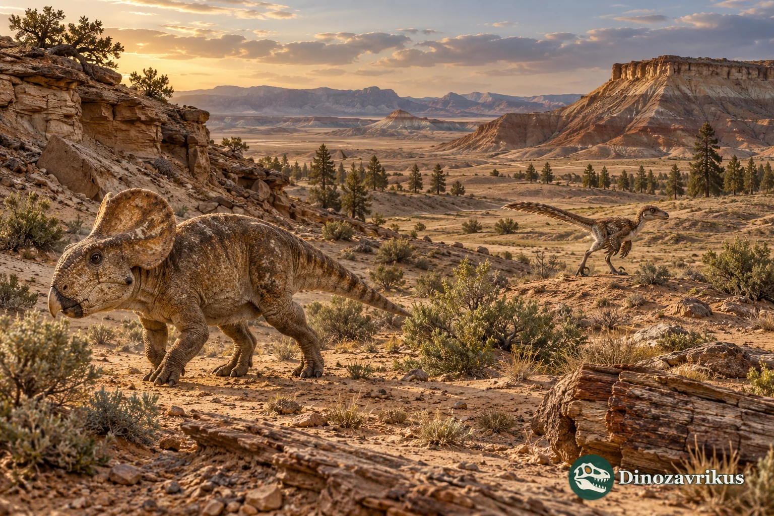 A small feathered theropod and a horned herbivore in a Late Cretaceous Mongolian landscape