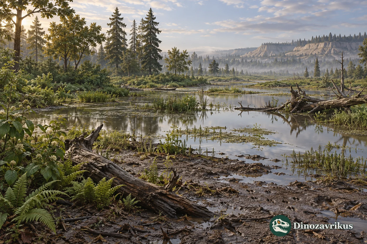 Illustrative late Maastrichtian floodplain wetland with shallow water, woody plants and a muddy bank