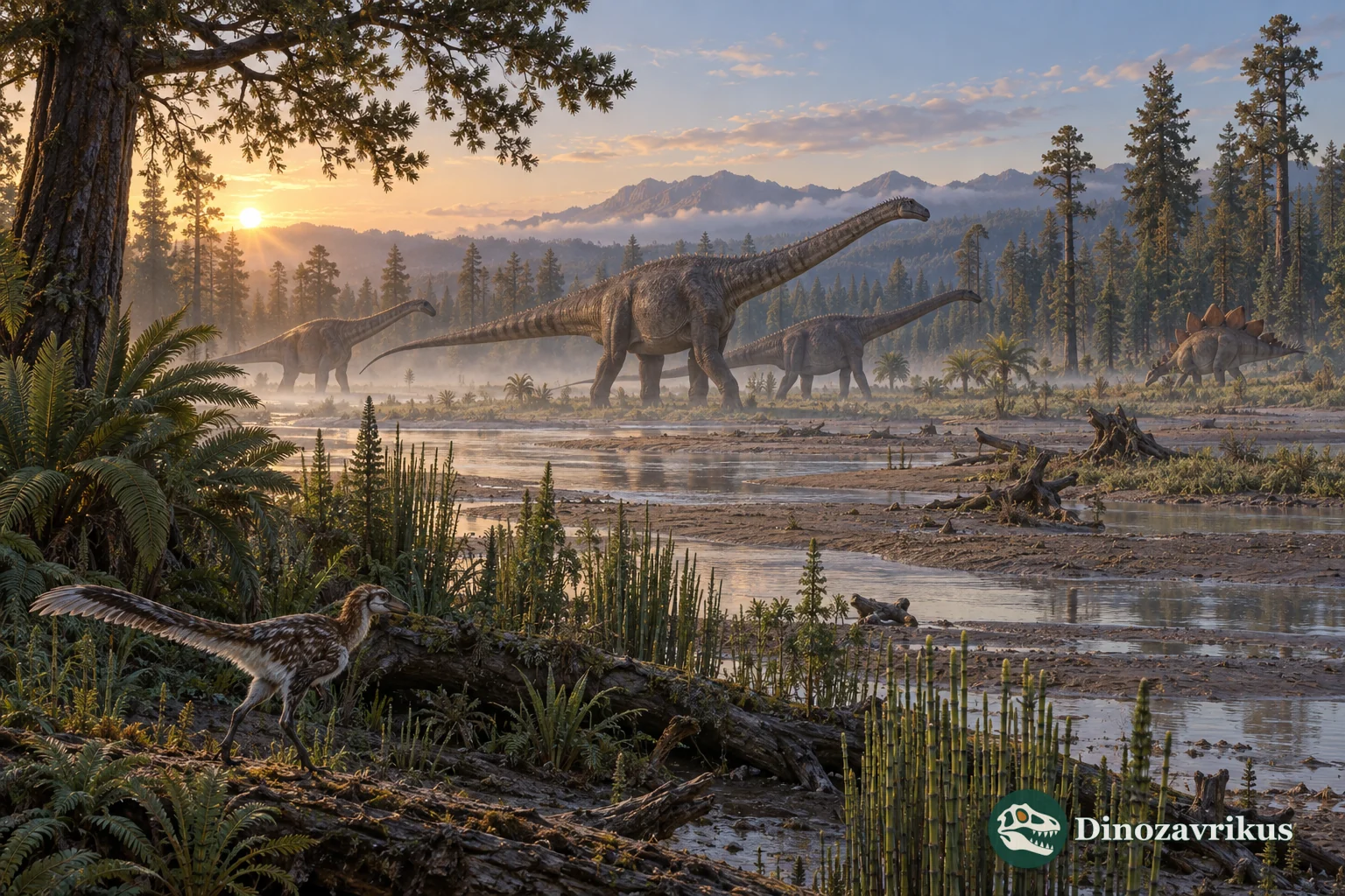 Late Jurassic floodplain with sauropods, stegosaurs and small theropods among conifers