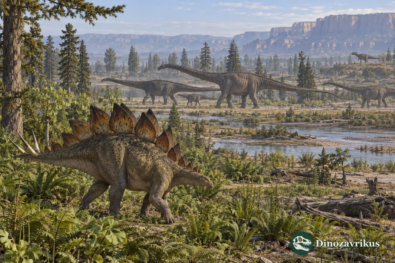 Diplodocids, Stegosaurus and a distant Allosaurus on a Late Jurassic Morrison floodplain