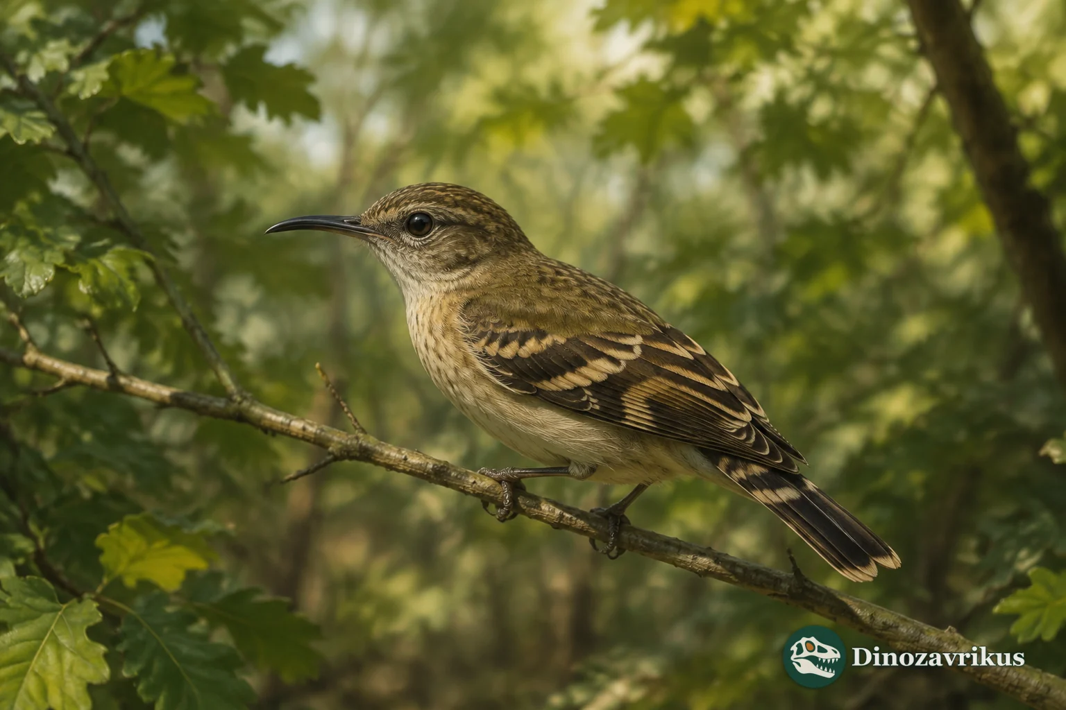 A tiny Laurillardia perched in a Paleogene woodland, with unpreserved plumage left interpretive