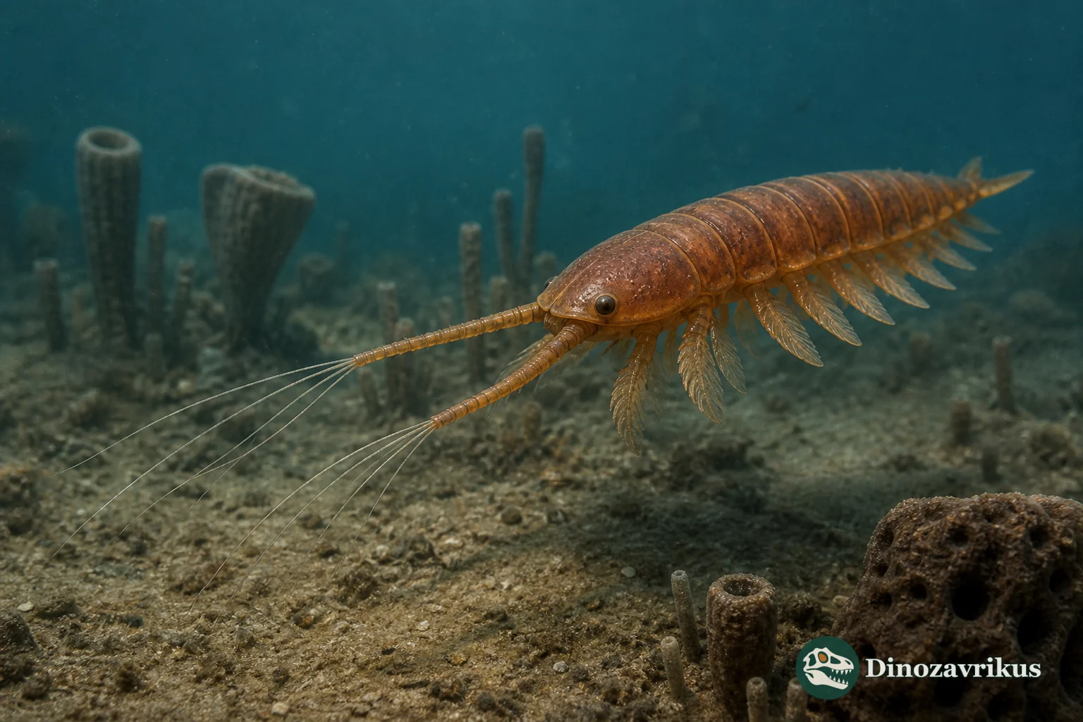 Leanchoilia moving across the Cambrian seafloor with its long three-flagellate frontal appendage extended