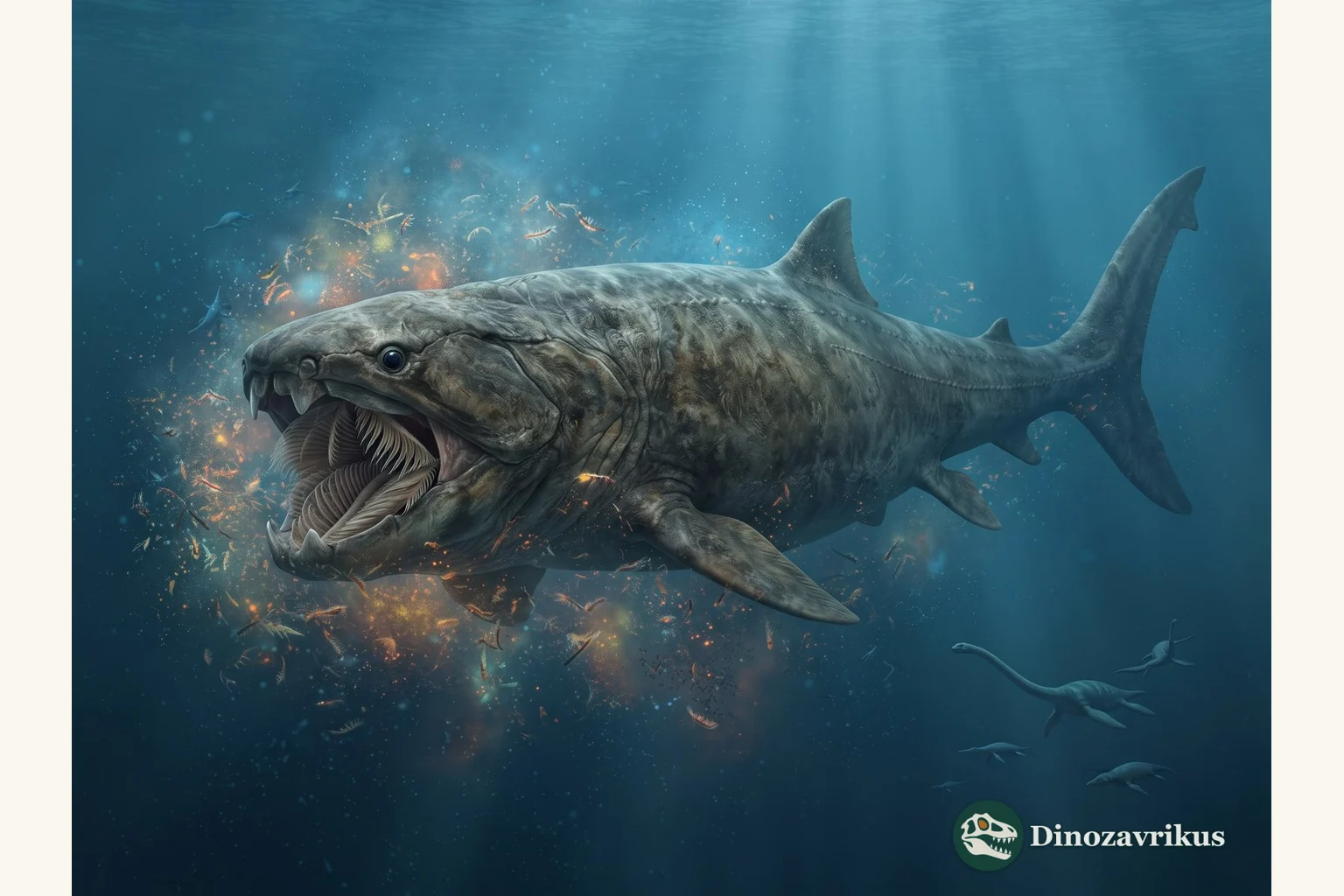 Leedsichthys filtering small organisms from Jurassic seawater