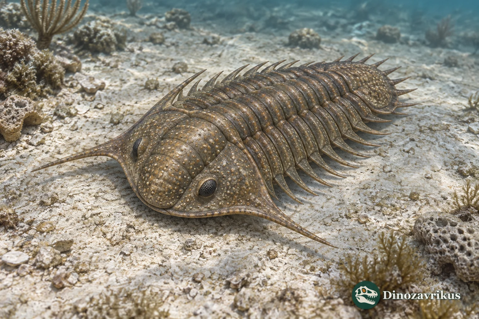 Life reconstruction of a tuberculate Leonaspis trilobite with genal and thoracic spines on a Silurian seafloor