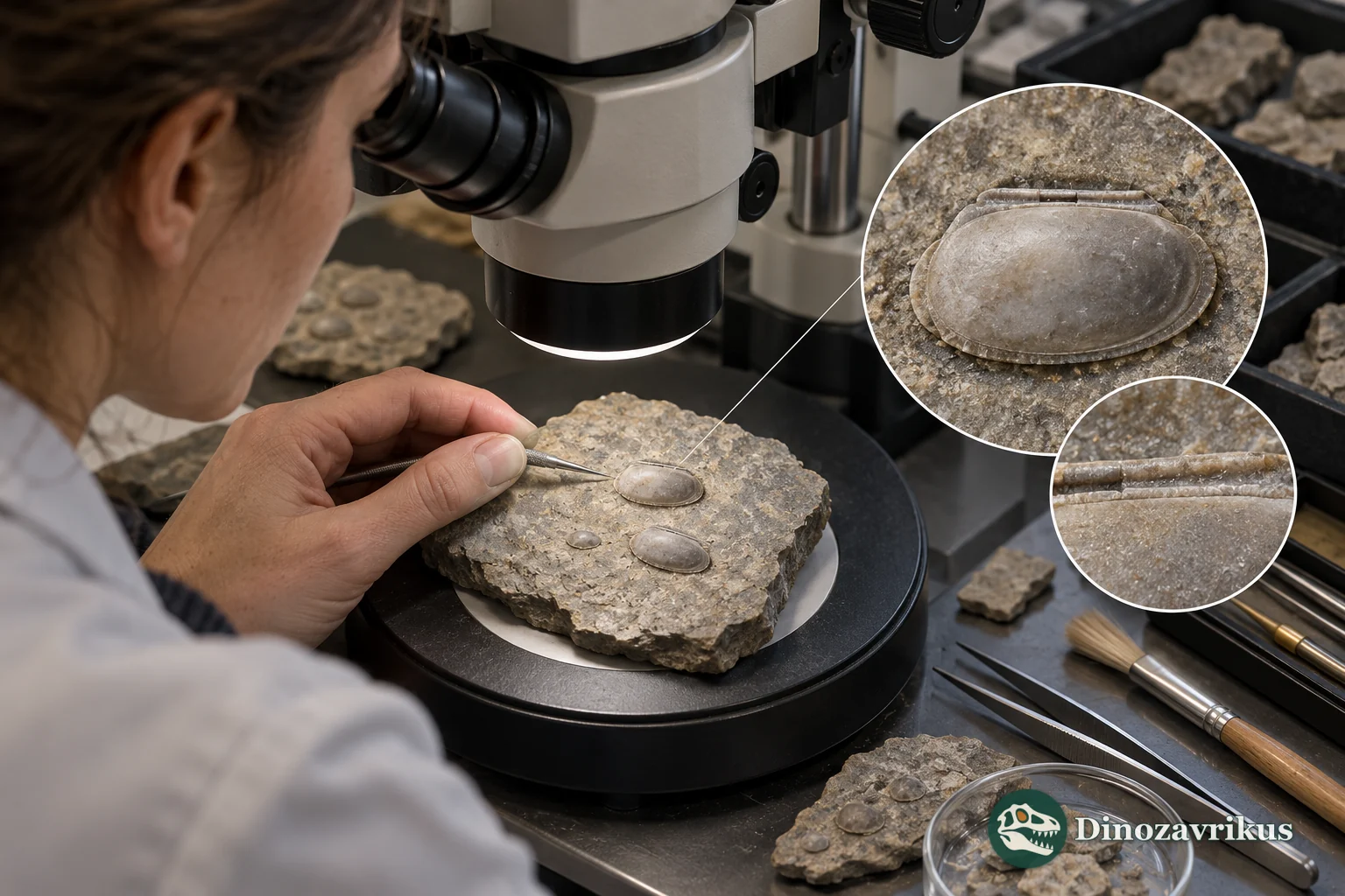 Illustrative microscope examination of ostracod valves on a rock sample
