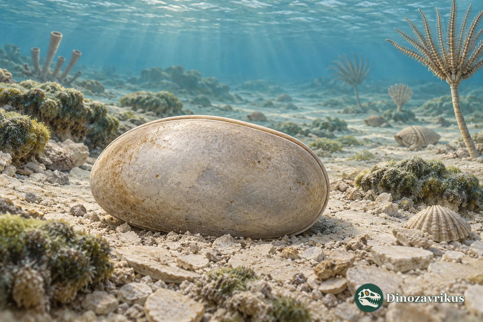 Magnified artistic reconstruction of Leperditella valves above an Ordovician seafloor