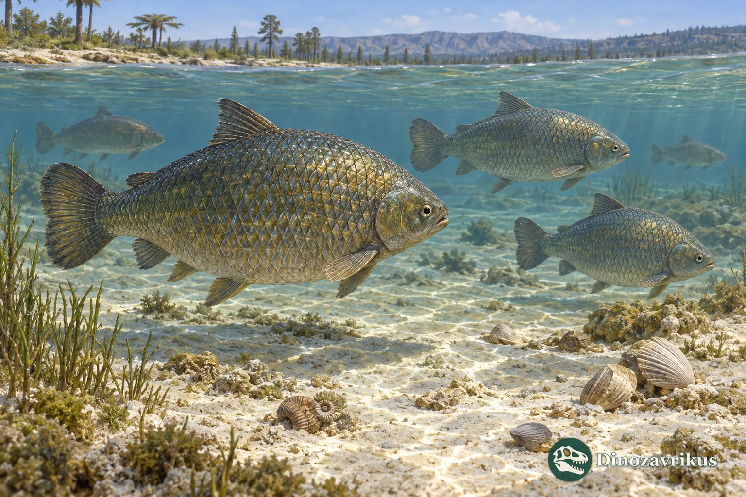 Artistic reconstruction of Lepidotes in a shallow Early Jurassic marine lagoon