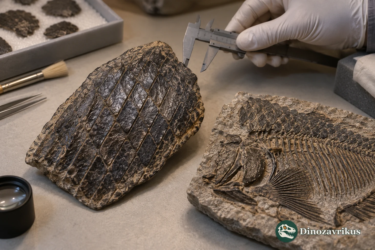 Conceptual museum study of Lepidotes ganoid scales and a fossil fish skeleton fragment