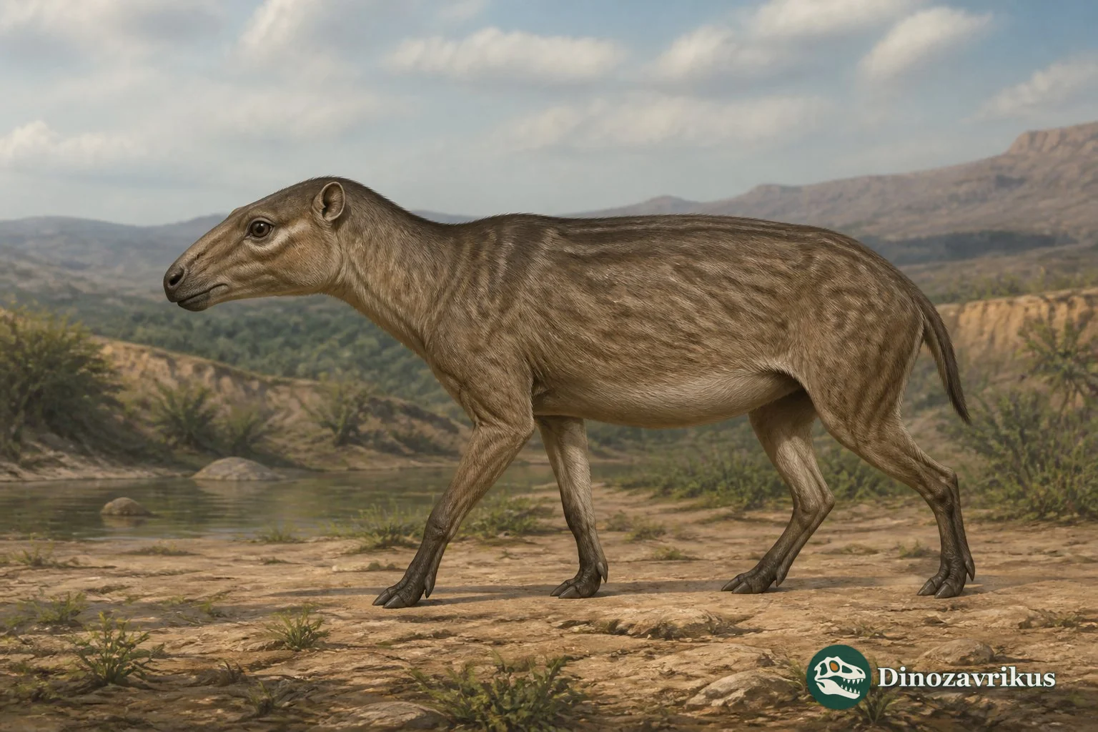 Leptauchenia reconstructed on a dry Oligocene plain near low hills
