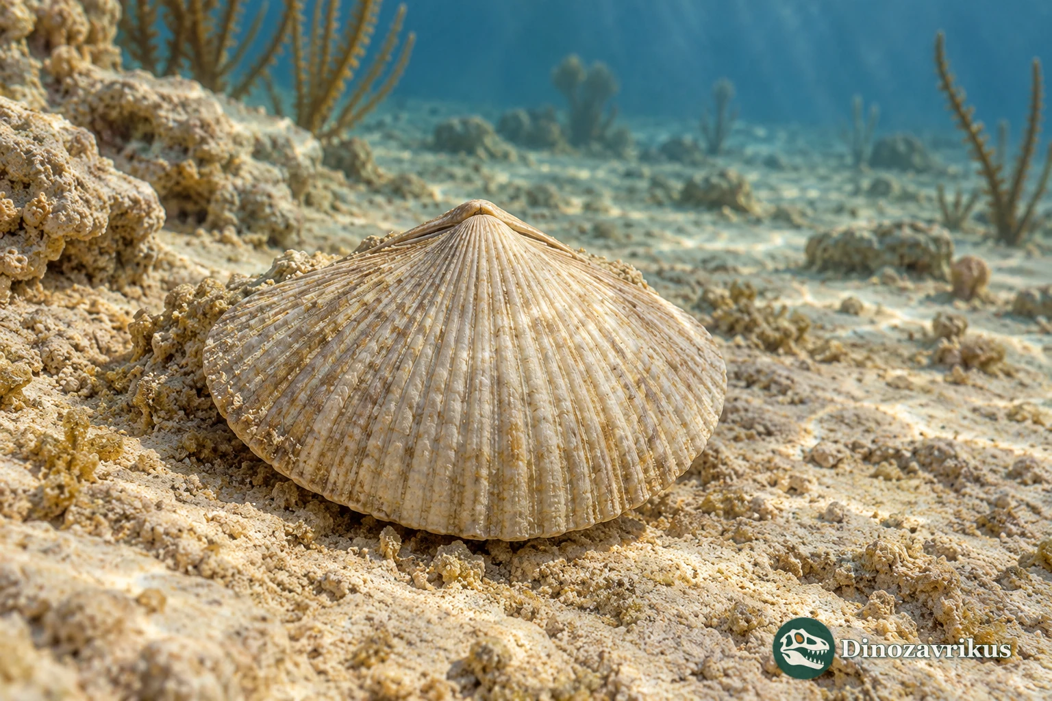 Artistic reconstruction of Leptellina shells on an Ordovician seafloor