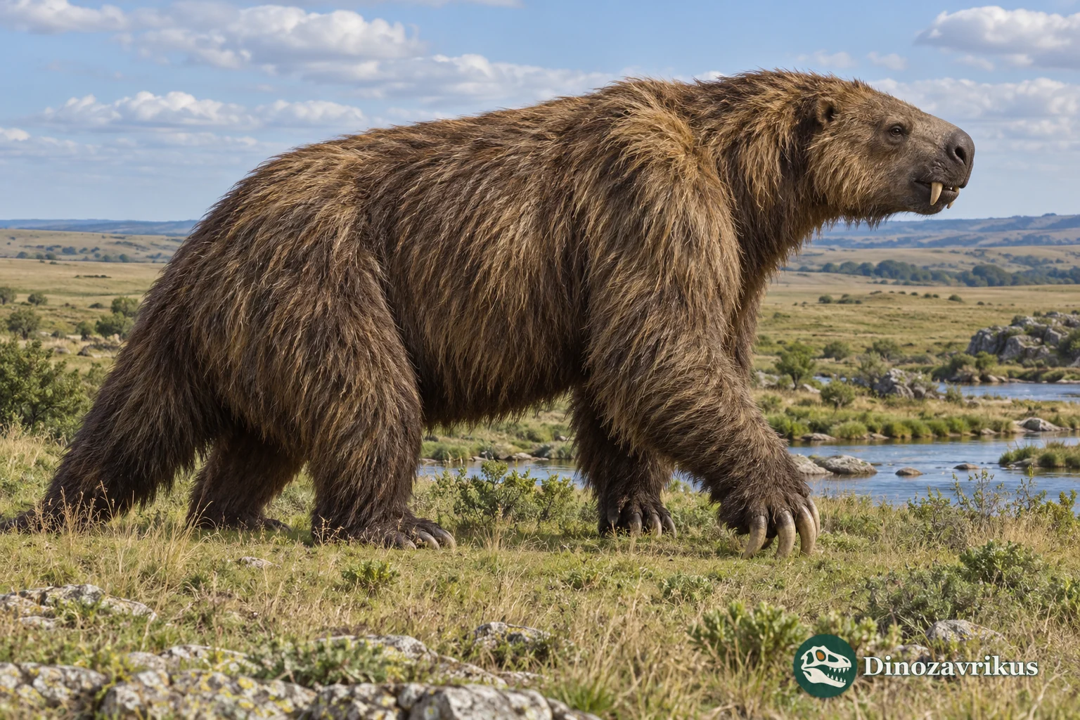 Artistic reconstruction of giant Lestodon on a Pleistocene Pampas grassland