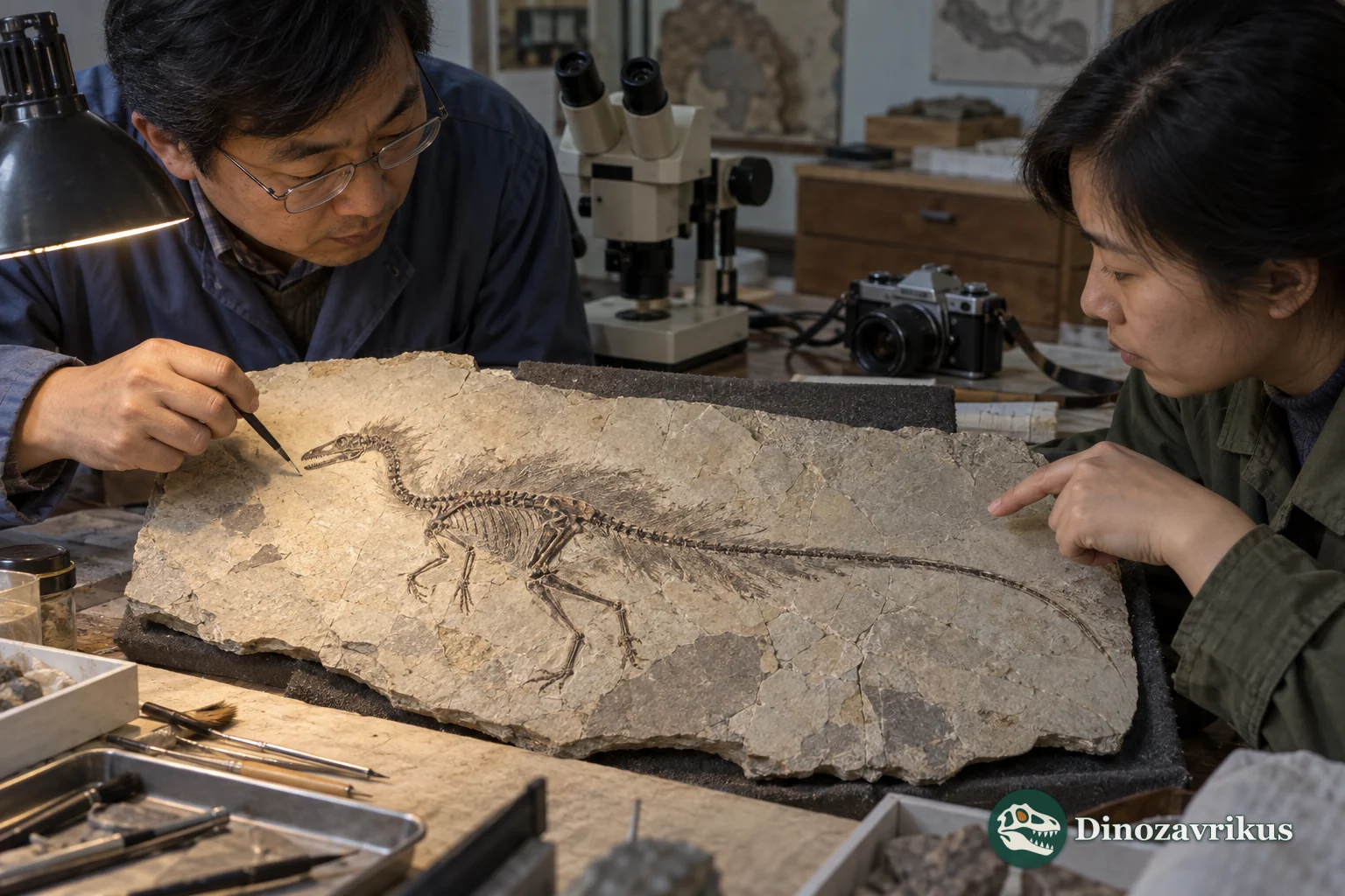 Researchers examining a slab with a small feathered dinosaur fossil from Liaoning