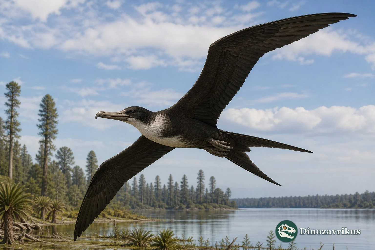 An Eocene Limnofregata flying above a freshwater lake in Wyoming