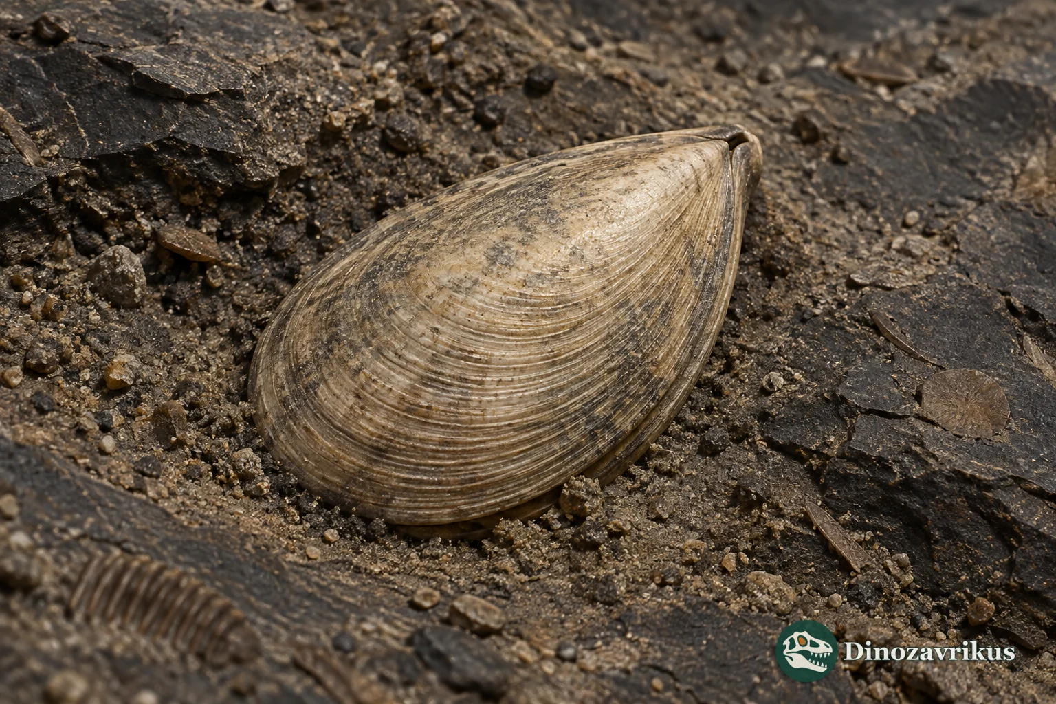 Thin bivalved Lingulella shell partly resting in Cambrian seafloor sediment, with the posterior opening visible