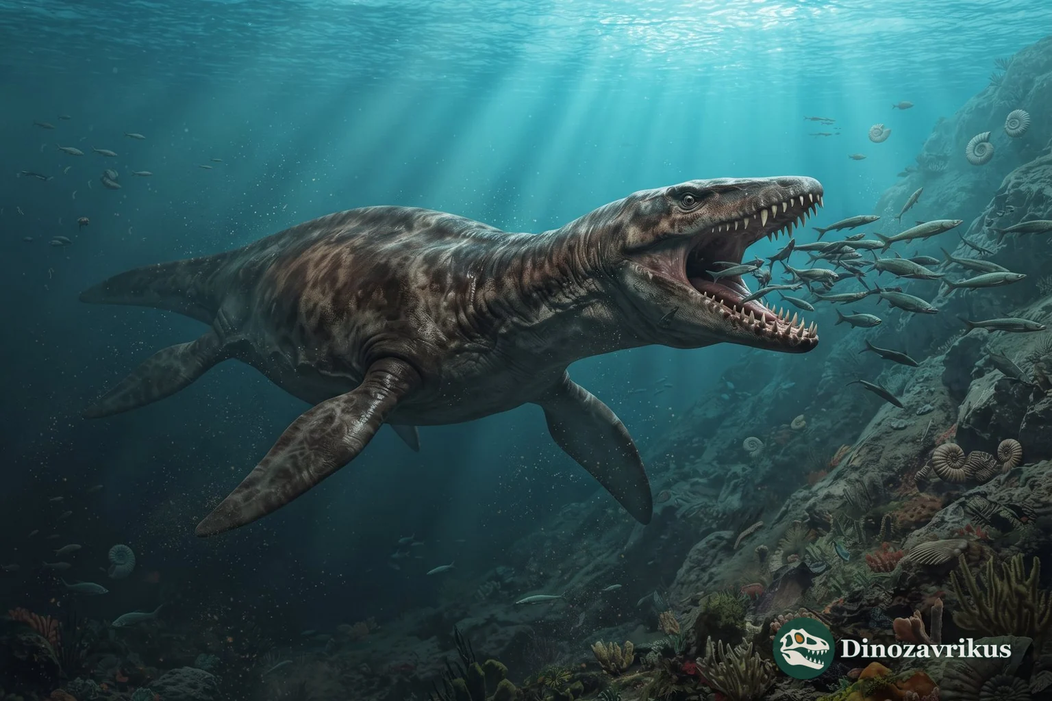 Reconstruction of Liopleurodon pursuing fish in a Middle Jurassic sea