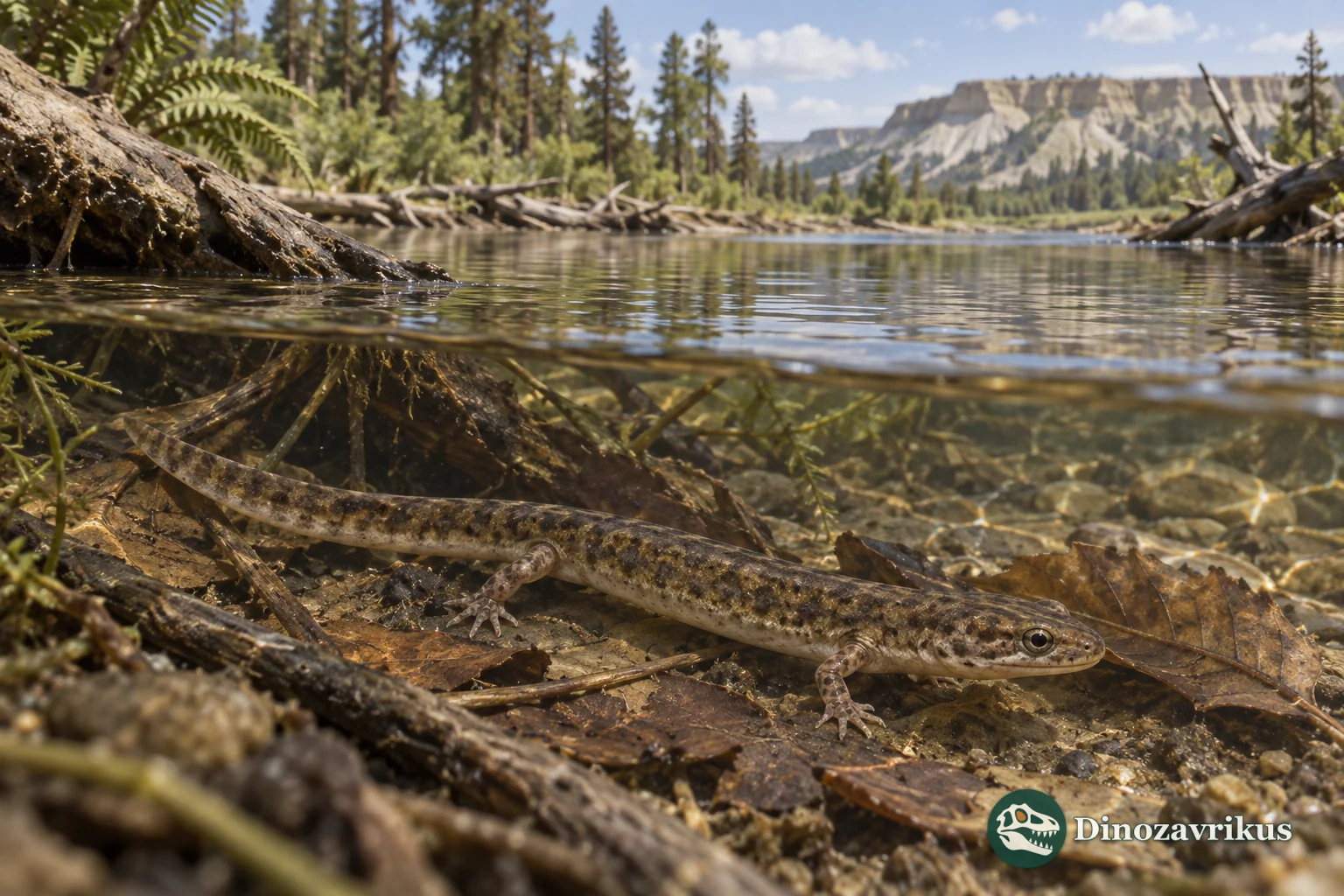 Lisserpeton bairdi moving through a shallow Late Cretaceous floodplain stream