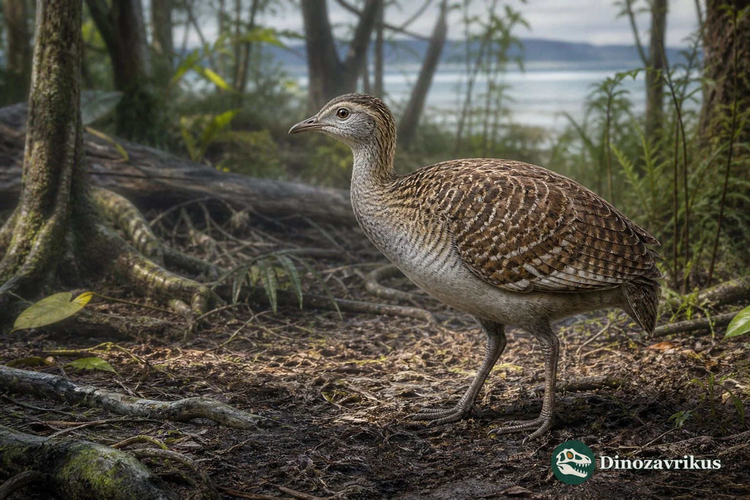 Lithornis reconstructed in a Paleogene woodland near shallow water