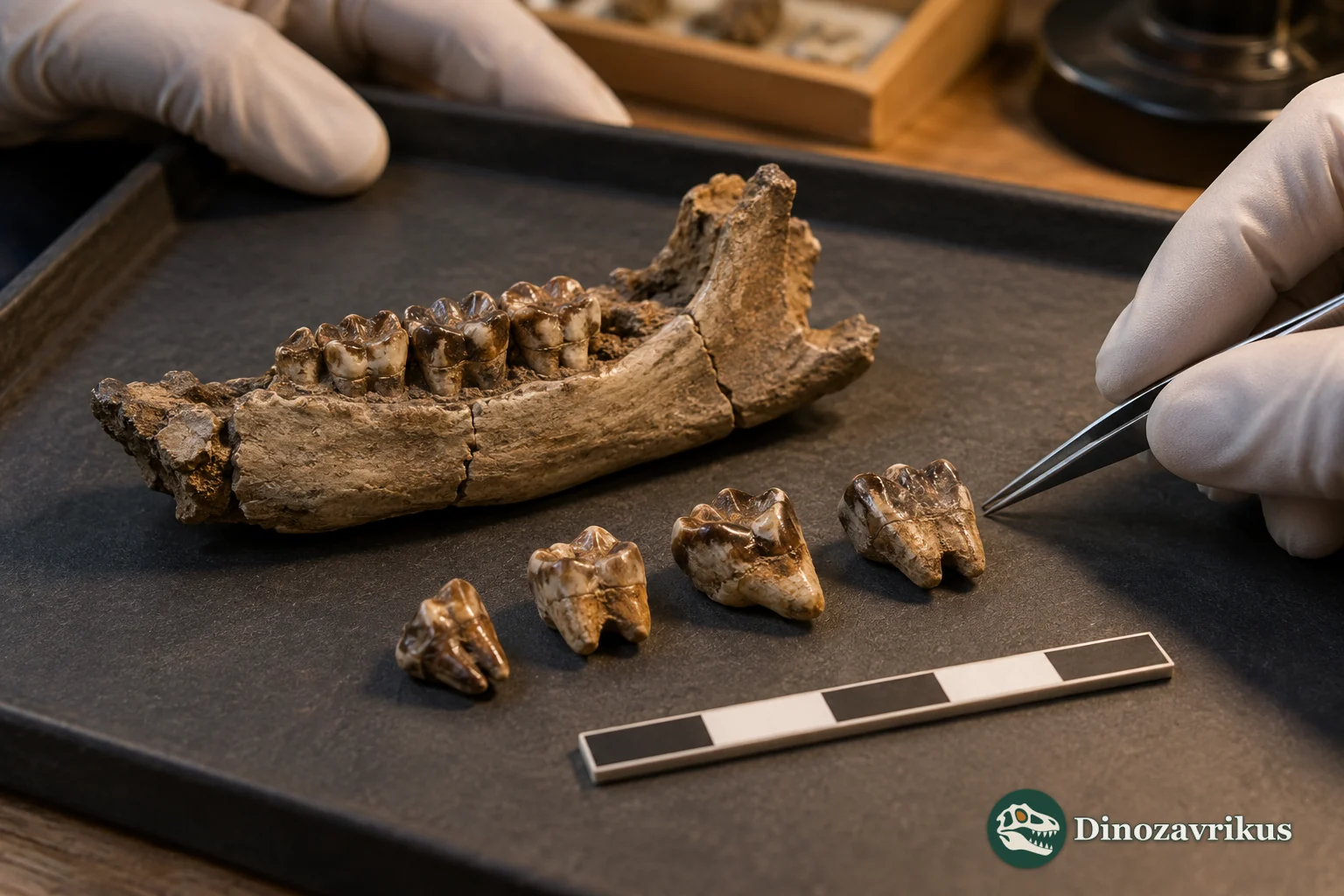 Conceptual museum study scene with a jaw fragment and isolated teeth from a small ancient mammal