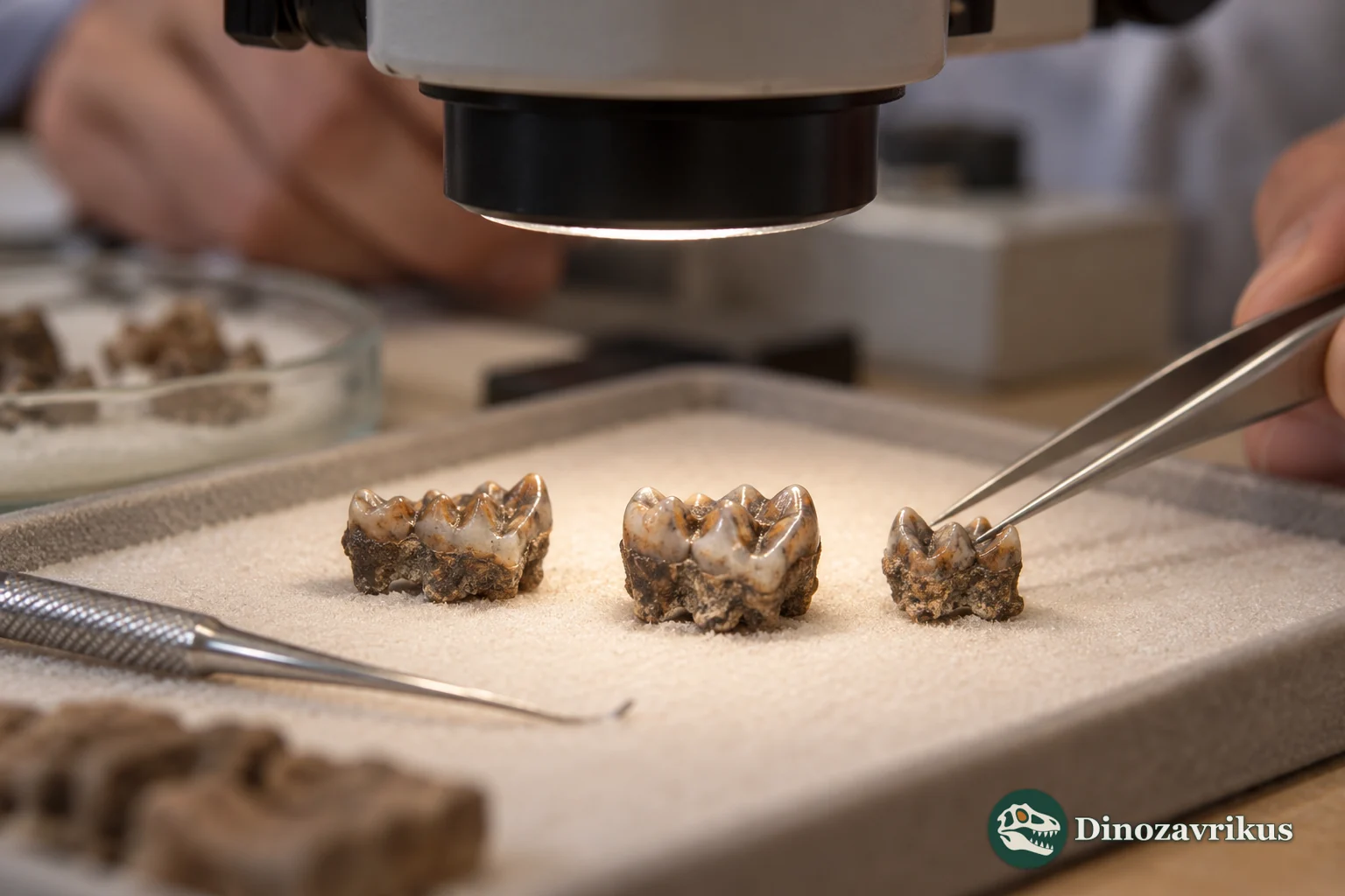 Illustrative close view of small fossil teeth examined under a microscope