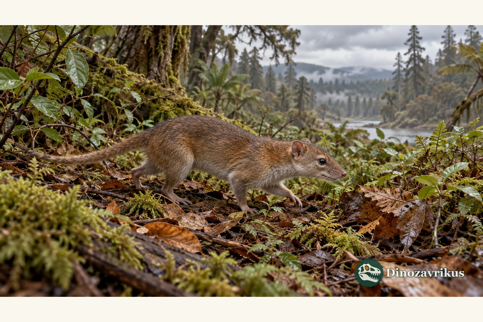 Hypothetical small Paleocene mammal moving through leaf litter in a woodland