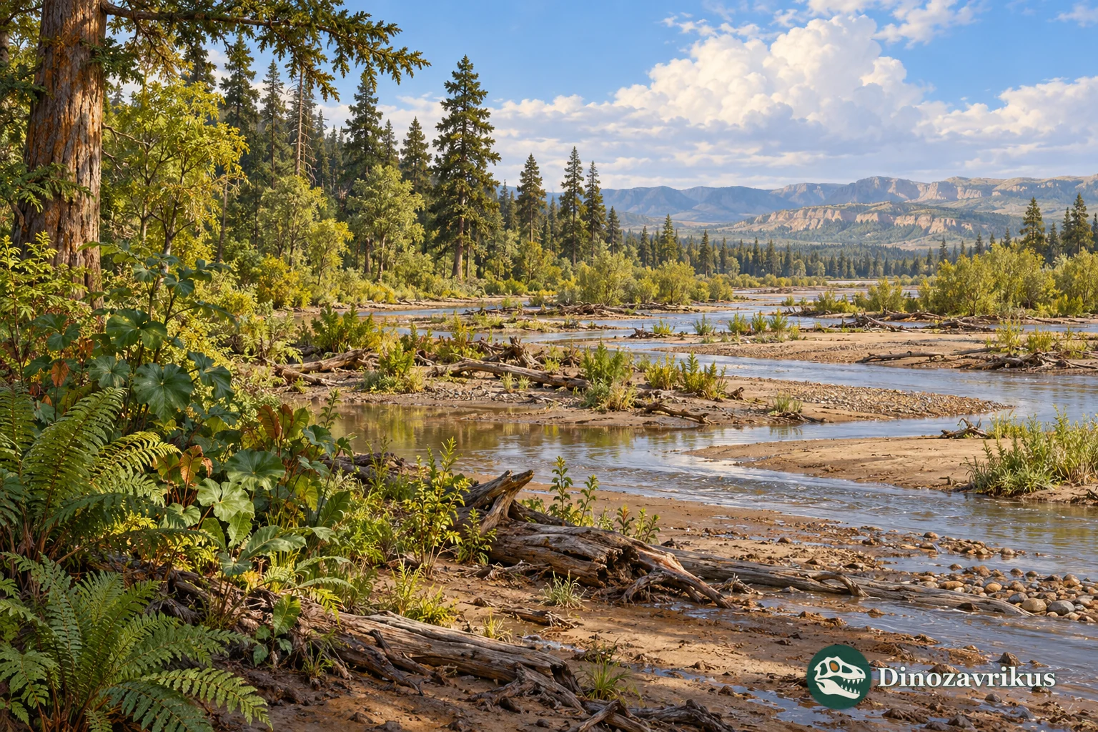 Generalized Paleocene river floodplain and woodland in Montana
