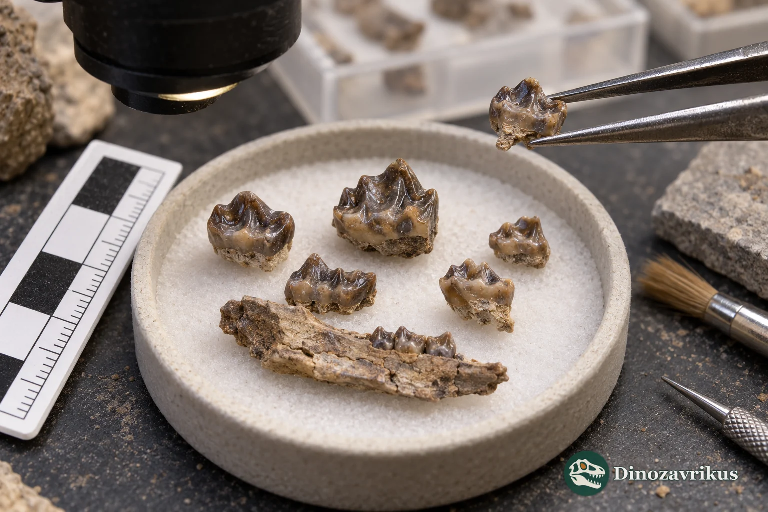 Conceptual laboratory scene with isolated fossil molars and a jaw fragment
