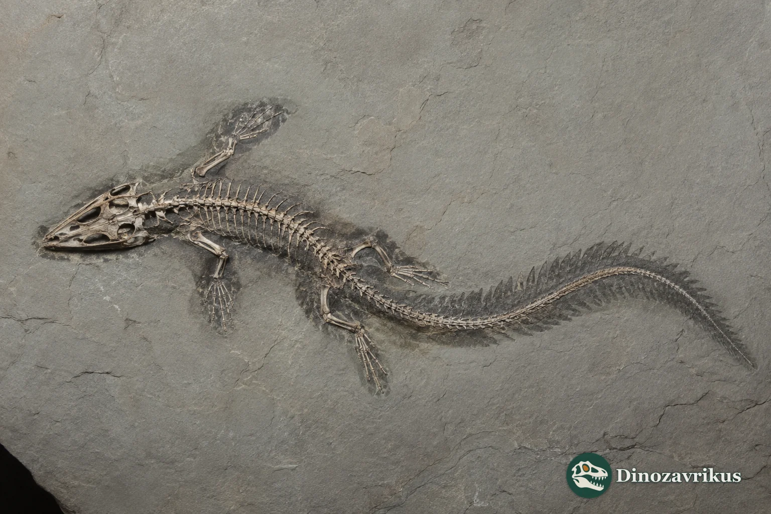 Flattened fossil skeleton of Liushusaurus acanthocaudata with preserved skin and scale outlines