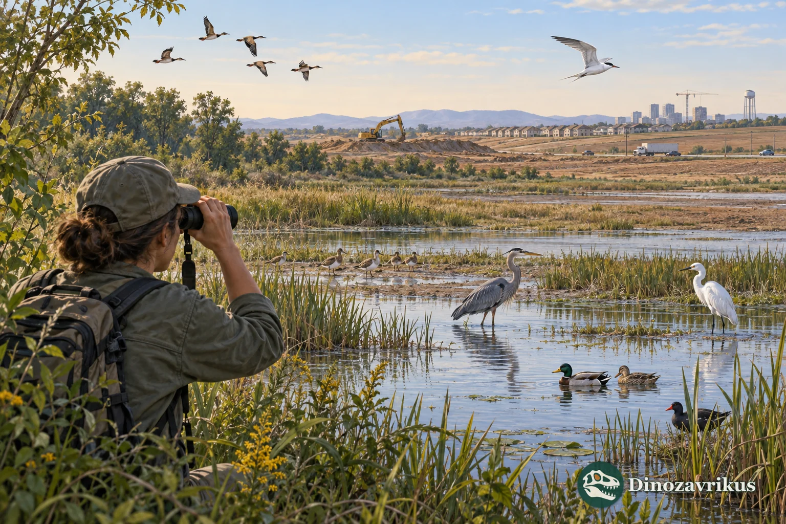 Field ornithologist observing wild wetland birds near a shrinking marsh