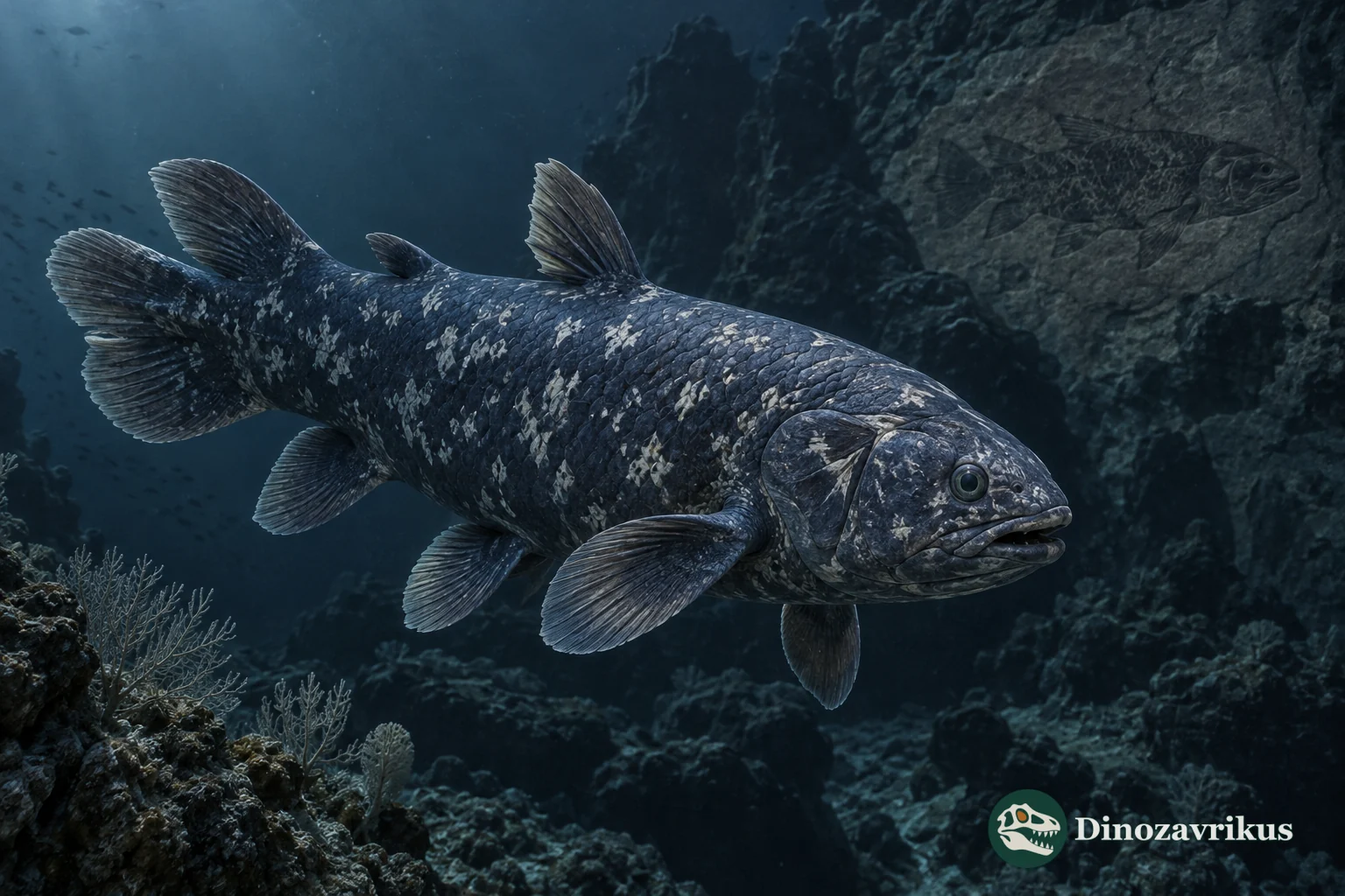A modern coelacanth swims beside a fossil impression in a deep marine setting