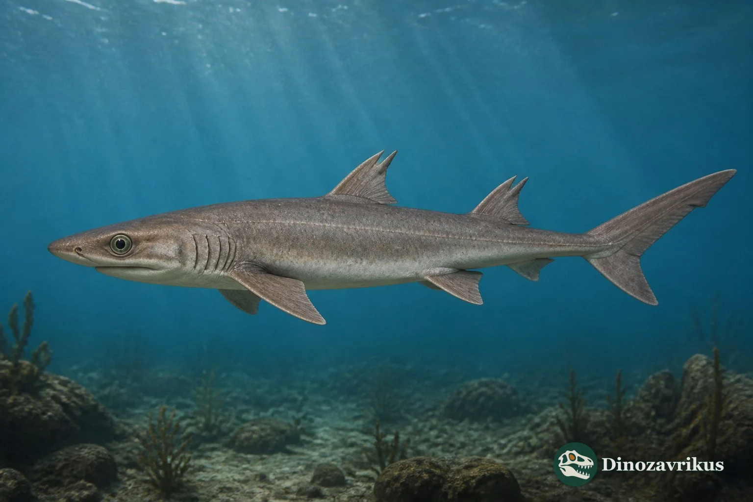 Reconstruction of Lonchidion swimming above a Mesozoic seabed