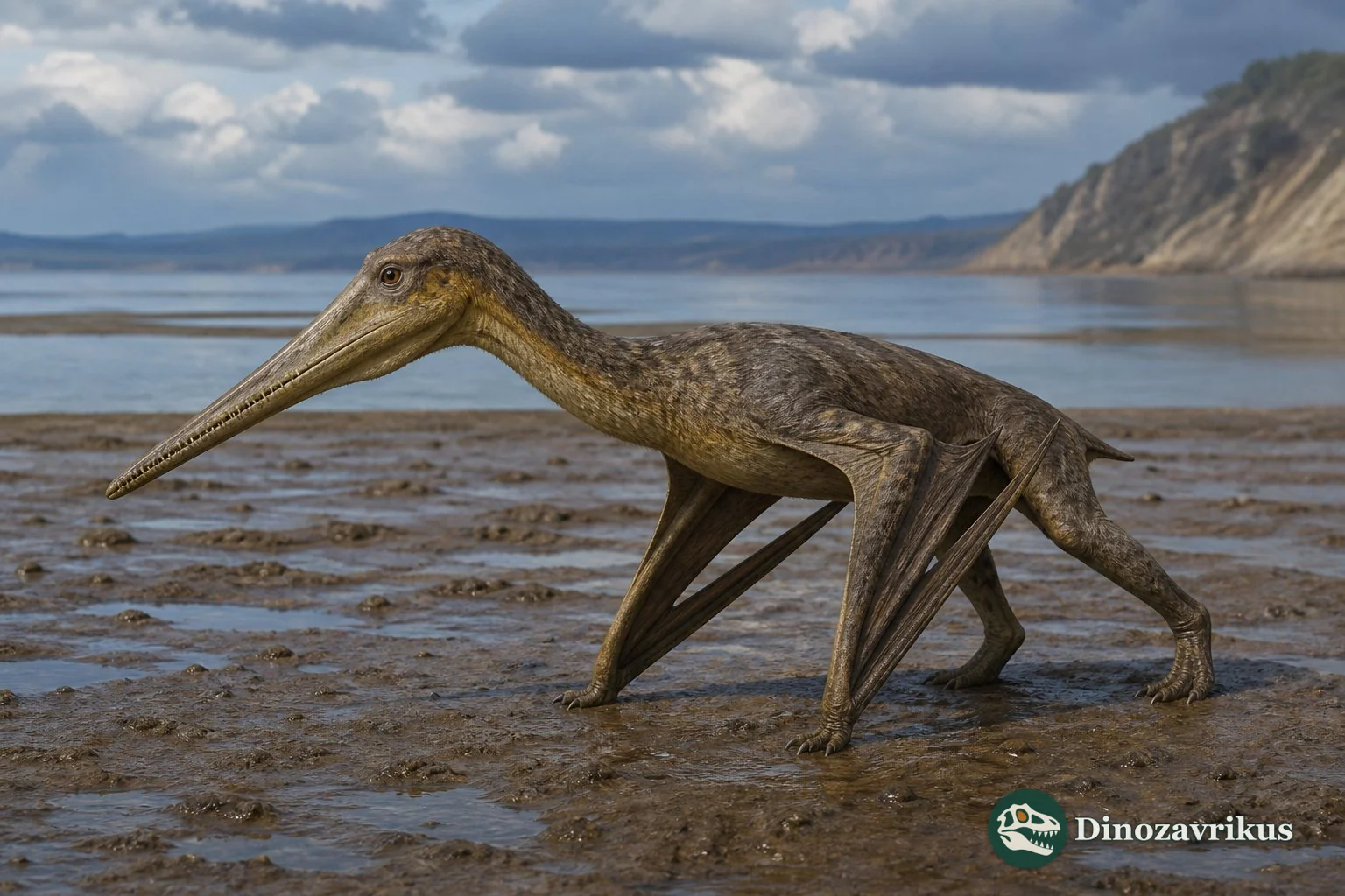 Lonchodectes reconstructed as a toothed pterosaur over a Cretaceous English shore