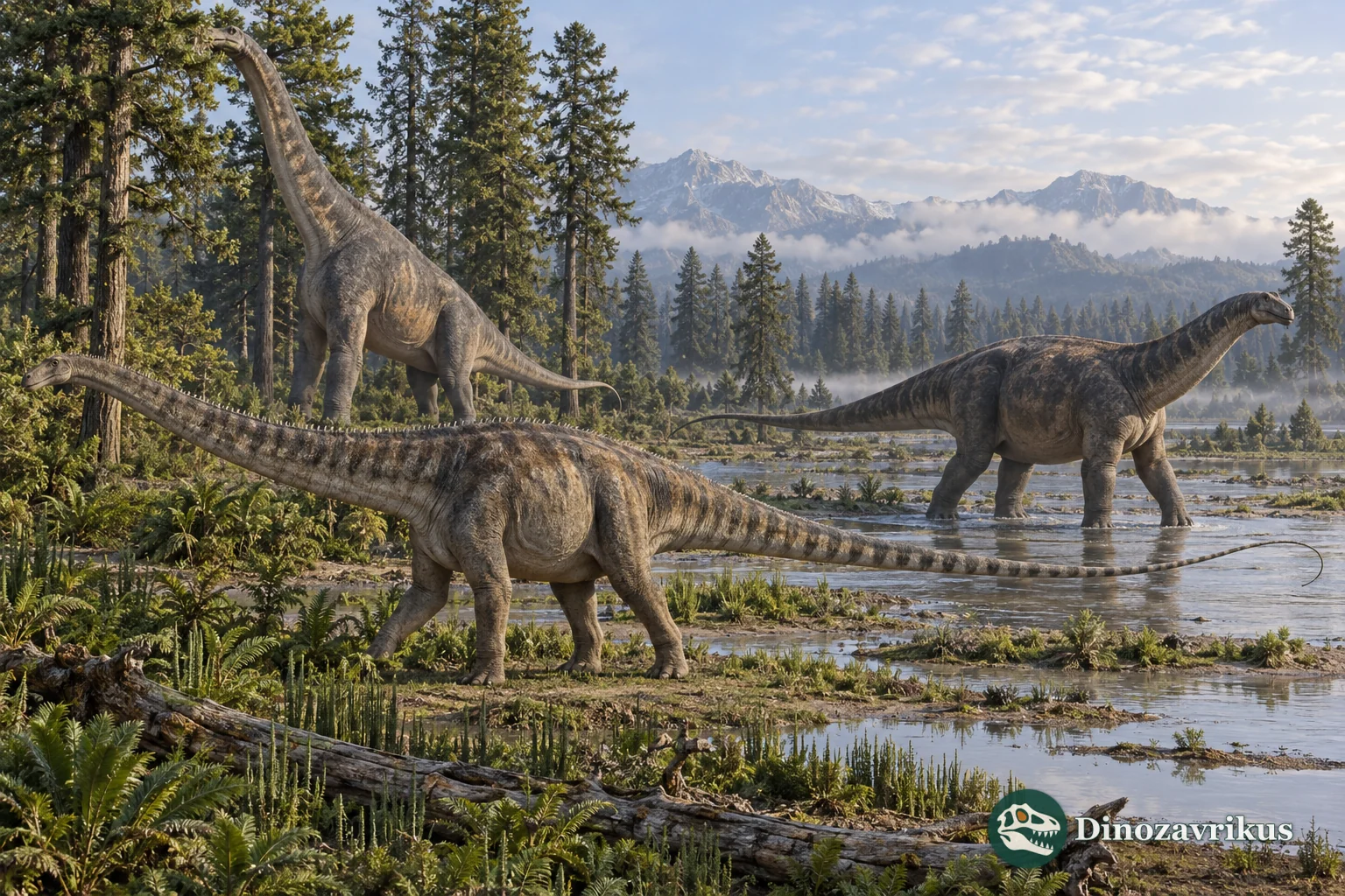 Diplodocus, Brachiosaurus and Apatosaurus in a Jurassic floodplain