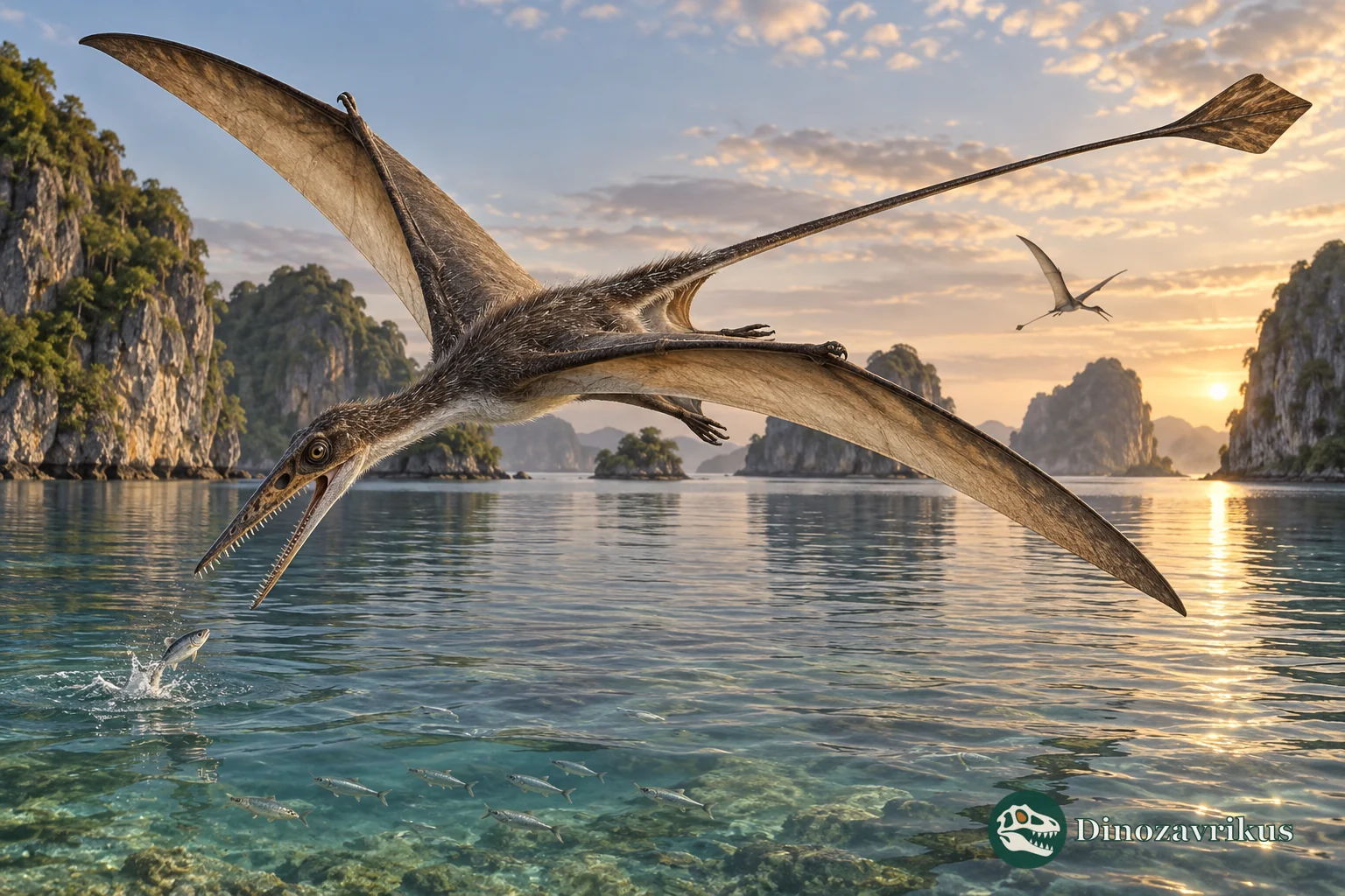 A Rhamphorhynchus pterosaur flying with its long stiffened tail and terminal vane