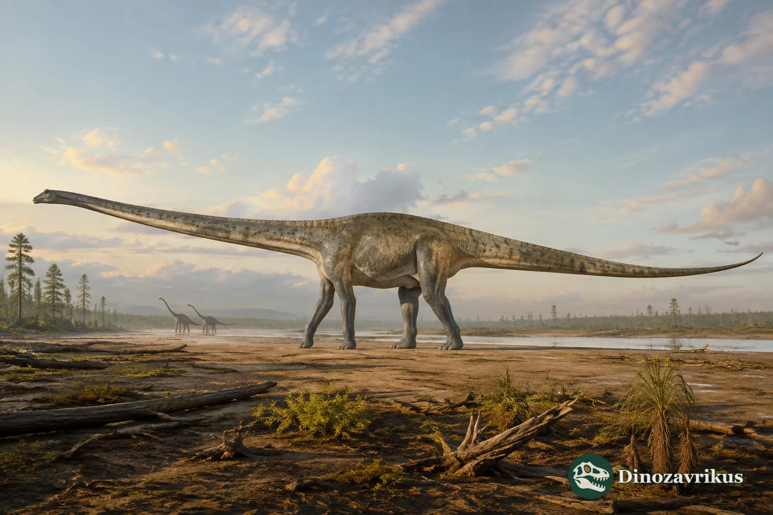 Artistic reconstruction of a long-necked diplodocid on a river plain