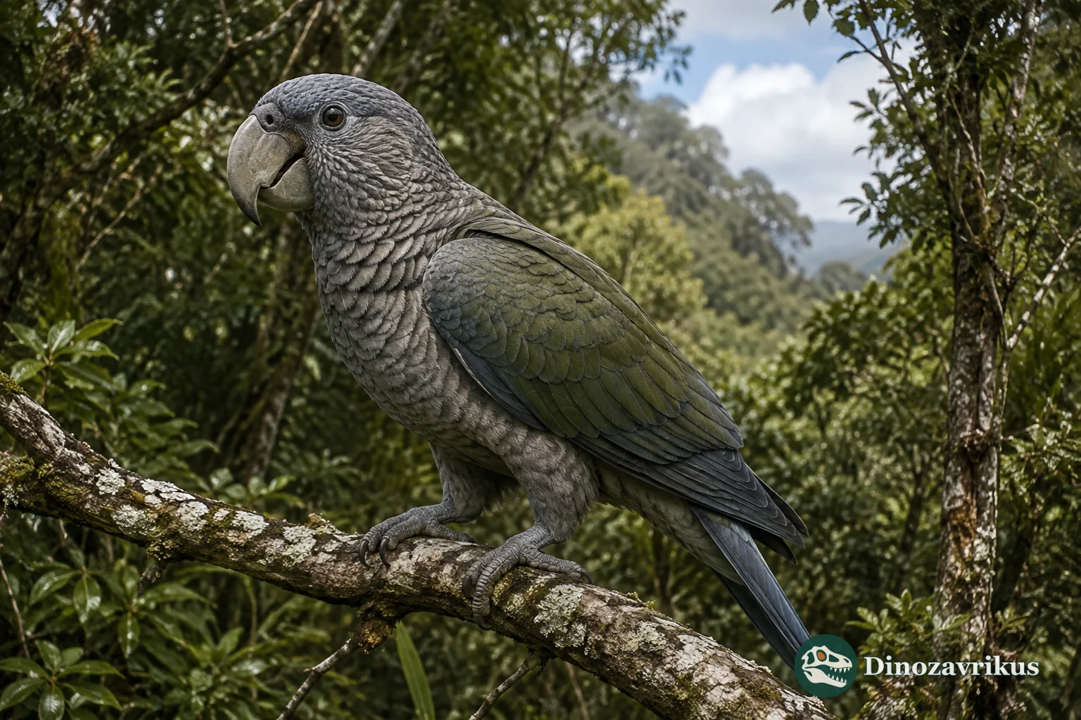 Lophopsittacus mauritianus reconstructed in native Mauritian woodland