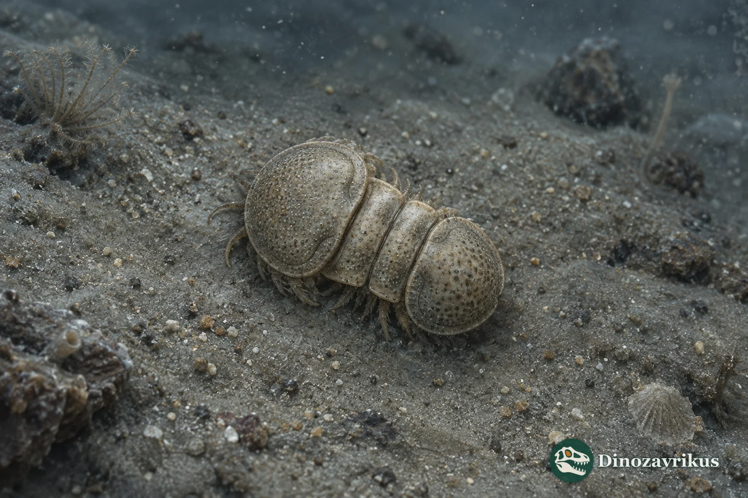A small eyeless Lotagnostus with near-equal cephalic and tail shields and two short thoracic segments on a fine-grained seafloor