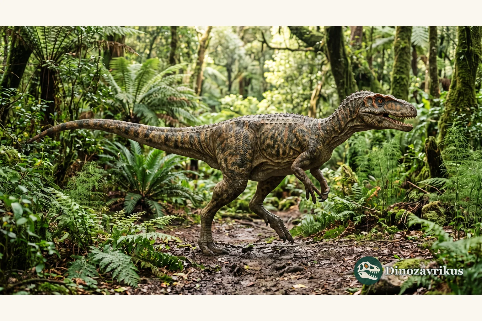 Scientific reconstruction of Lourinhanosaurus in a Late Jurassic landscape of Portugal